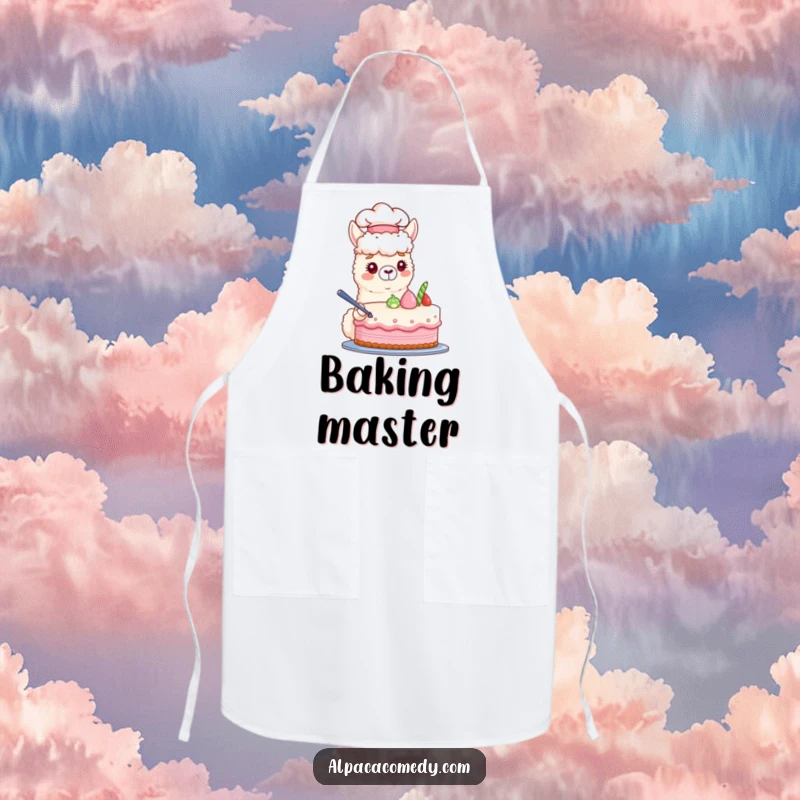 Funny kitchen apron with a cute alpaca chef hat character busy decorating a pastel cake, combining protection and personality.