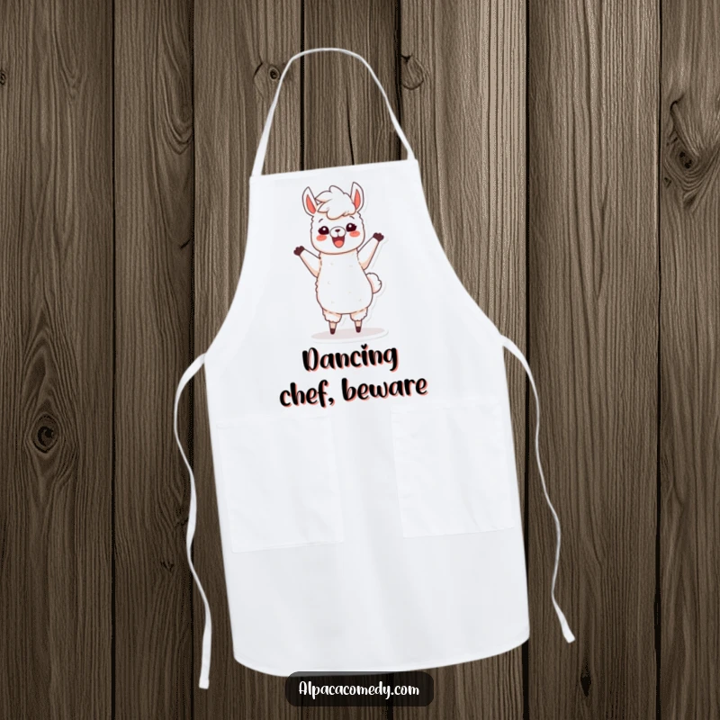 Funny apron showcasing a happy alpaca character dancing with its fluffy mane flying, ready to protect your clothes with a smile.