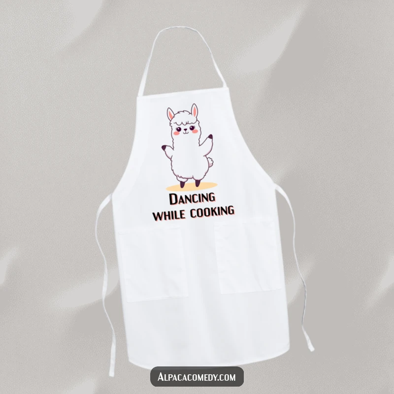 Funny kawaii alpaca performing a silly, swaying dance with joyful energy, adorning this practical apron with a touch of kitchen humor.
