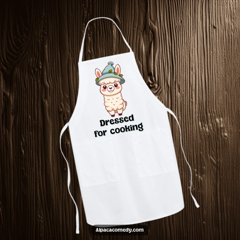 Funny kawaii alpaca wearing a tiny hat adorned with green leaves, adorning this practical apron with natural and stylish humor.