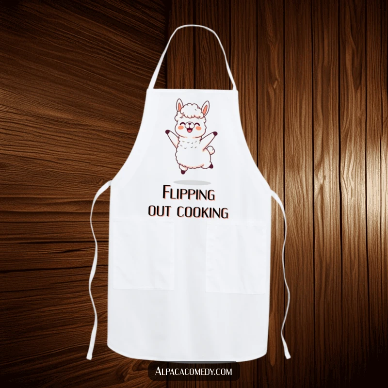 Funny apron design of an alpaca character joyfully jumping, its wool flying everywhere, perfect for kitchen fun and protection.