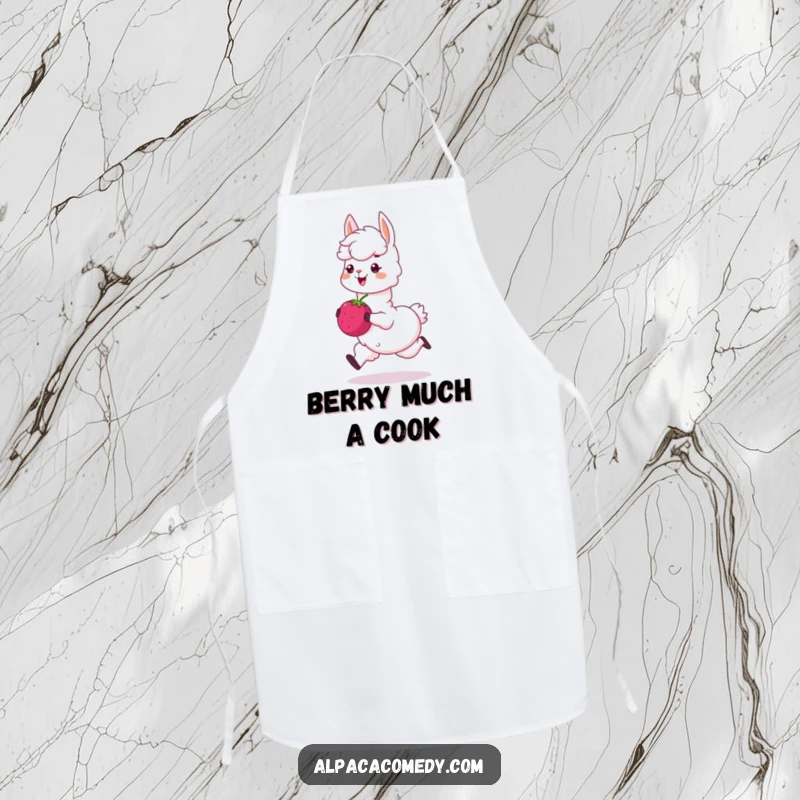 Funny apron: A happy alpaca character skips energetically with a big, sweet berry, perfect for a humorous cooking session.