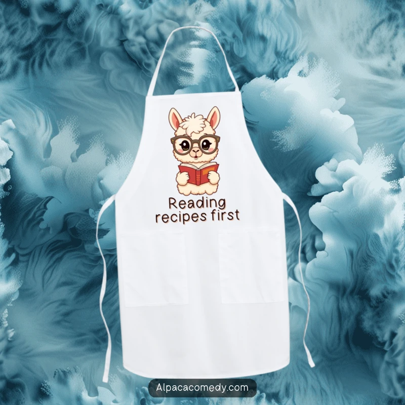 Funny Alpaca Apron: A surprised alpaca wearing glasses reads a book while cooking, bringing intellectual humor to kitchen tasks.