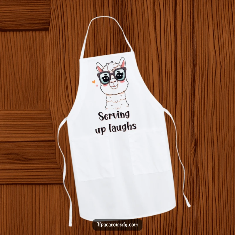 Funny Alpaca Apron: An alpaca in oversized comedy glasses winks playfully while telling a joke, ideal for a humorous cooking experience.