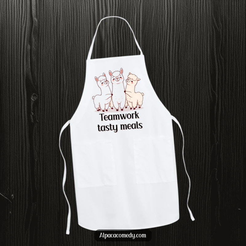 Funny apron design of a group of alpacas playfully nudging each other, perfect for kitchen fun and protection.