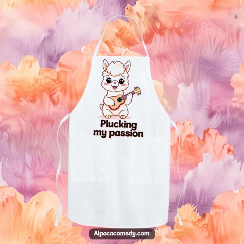 Funny Alpaca Apron: A cheerful alpaca plays a ukulele while cooking, bringing musical fun and protection to your kitchen adventures.