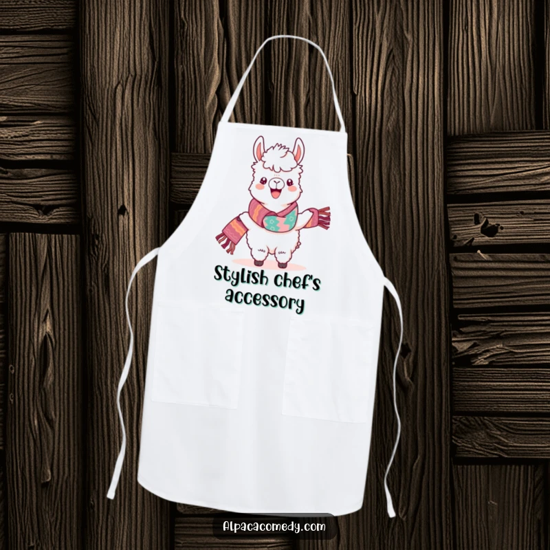 Funny Kawaii Alpaca Apron, showing a cute alpaca proudly wearing a vibrant scarf, ready for culinary fun.