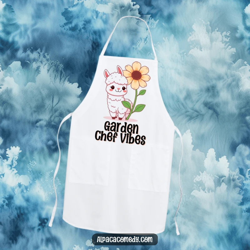 Funny Kawaii Alpaca Apron, showing a cute alpaca playfully posing with a large blooming flower, grinning happily.