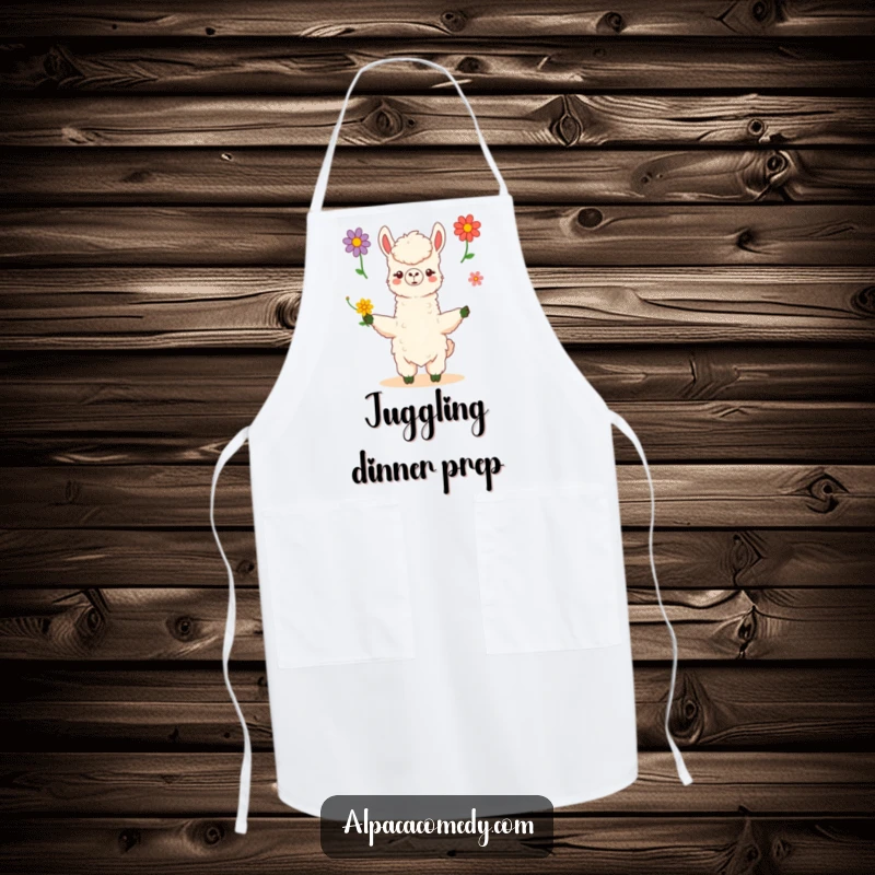 Funny kawaii alpaca skillfully juggles three vibrant flowers with poise and grace, adorning this practical apron with artistic flair.