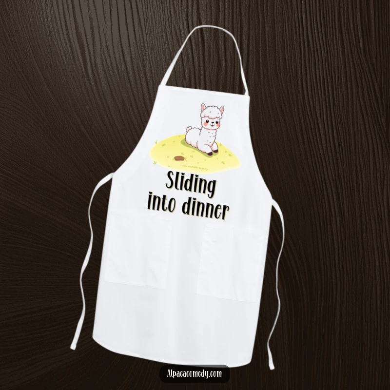 Funny kawaii alpaca joyfully slides down a gentle grassy hill, adorning this practical apron with a splash of playful humor.