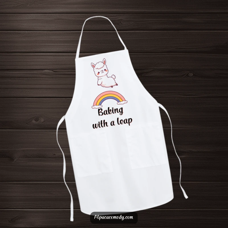 Funny Kawaii Alpaca Apron showing a joyful alpaca mid-jump over a rainbow, perfect for humorous and delightful cooking sessions.