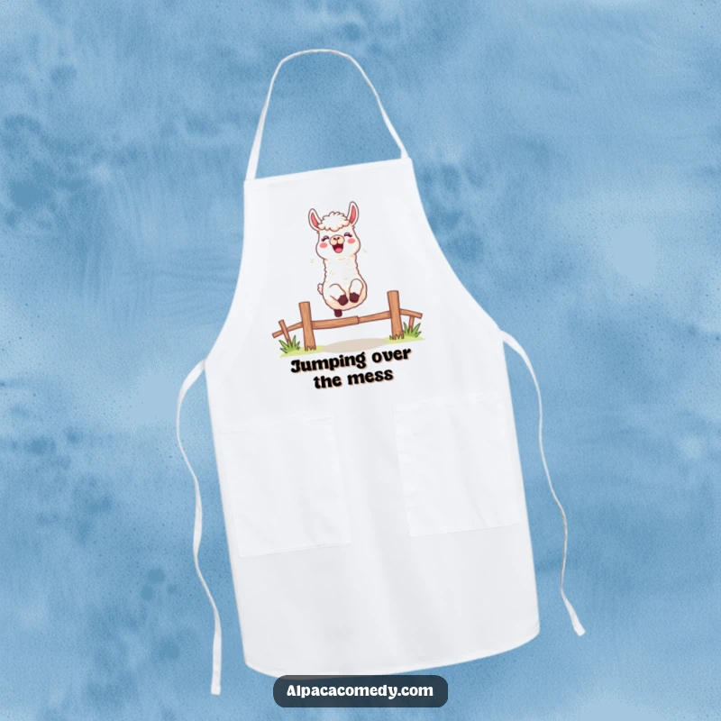 Funny apron showing an excited alpaca character leaping over a fence with a cheerful bleat, ready for kitchen adventures.