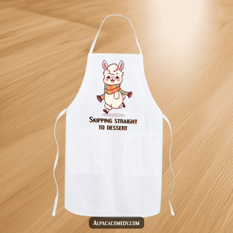Funny apron showing a playful alpaca character in a colorful scarf, skipping with glee, ready to make a mess joyfully.