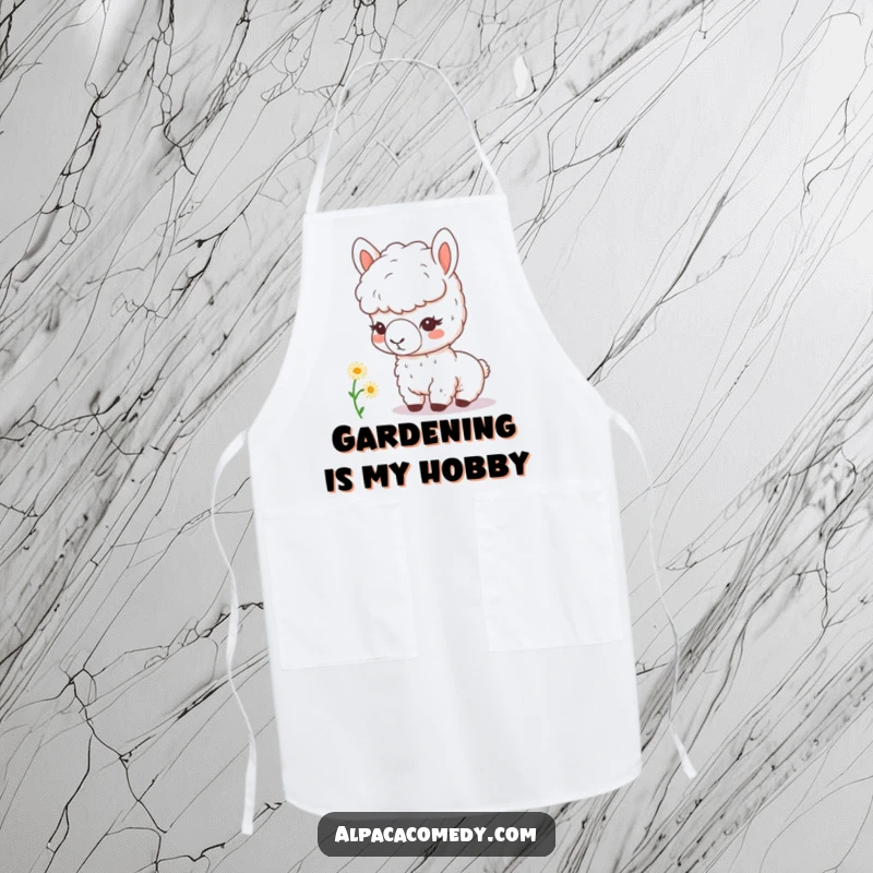 Funny kawaii alpaca with a magnifying glass curiously inspects a tiny daisy, adorning this practical apron with a touch of kitchen humor.