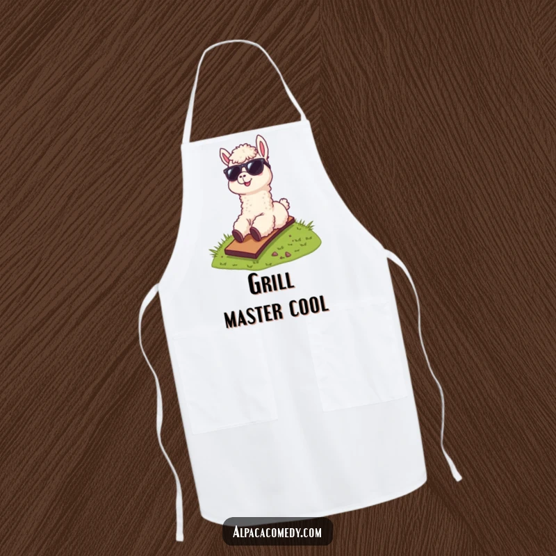 Funny apron design of a cool alpaca wearing sunglasses, hilariously sliding down a grassy hill, perfect for kitchen fun.