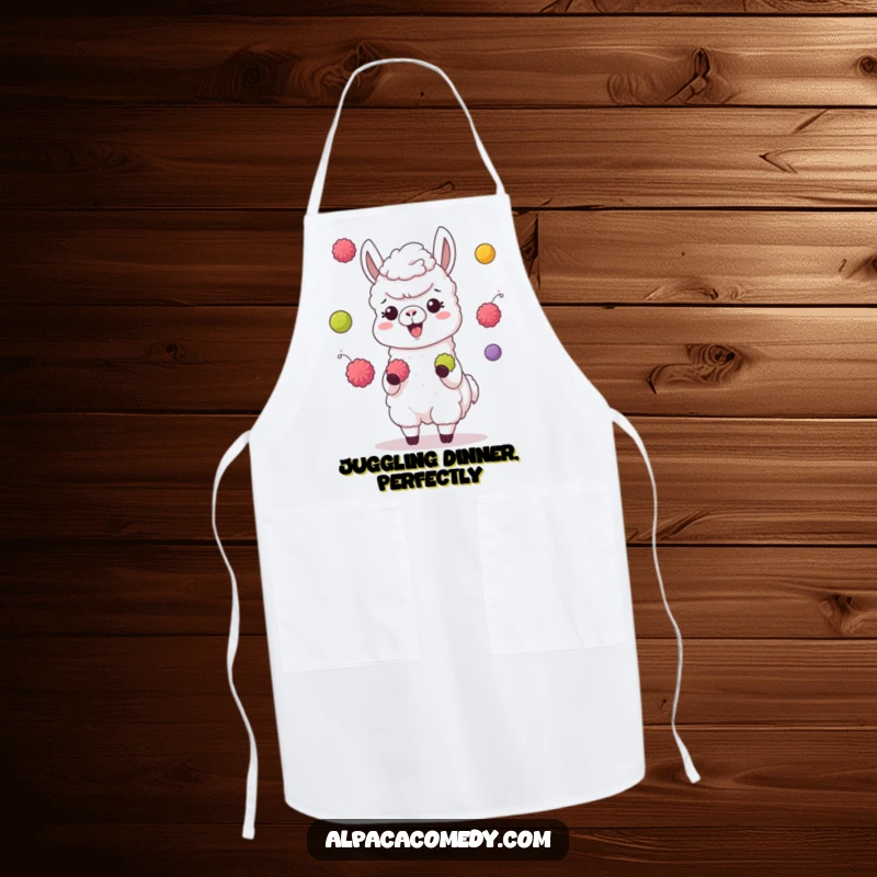 Funny apron showing a giggling alpaca character juggling colorful pompoms with its hooves, ready for kitchen fun.