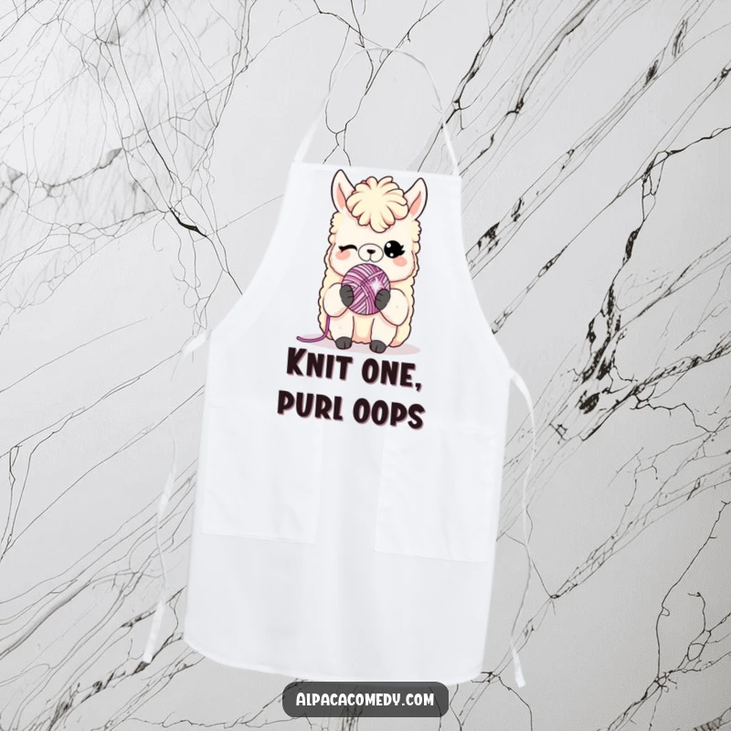 Funny apron: A winking alpaca character holds a tiny sparkling yarn ball, ready to add humor to your kitchen duties.
