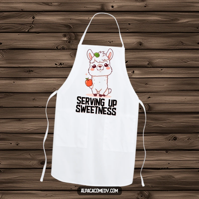 Funny Alpaca Apron: A happy alpaca offers a tiny apple with a kind expression, bringing kindness and protection to cooking.