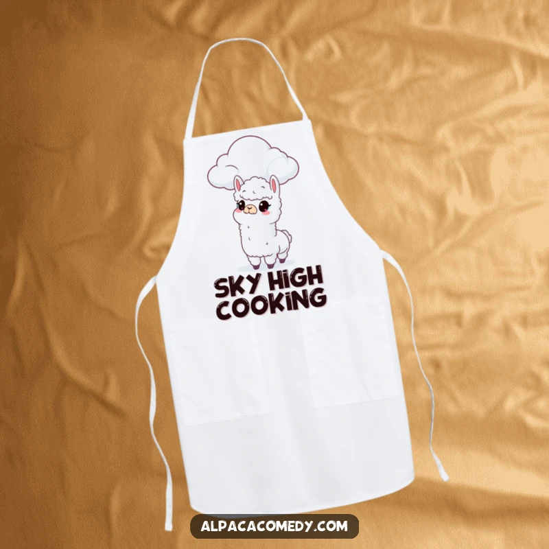 Funny kitchen apron with a curious alpaca character looking up at a floating cloud, perfect for adding whimsy to cooking.