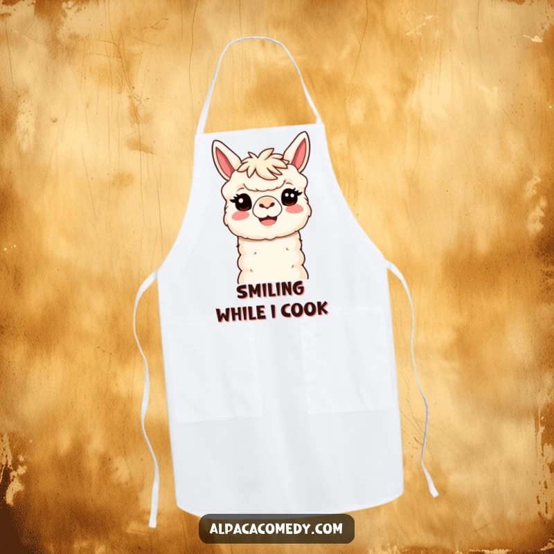 Funny Kawaii Alpaca Apron showing a smiling alpaca with a welcoming head tilt, perfect for humorous and cheerful cooking sessions.