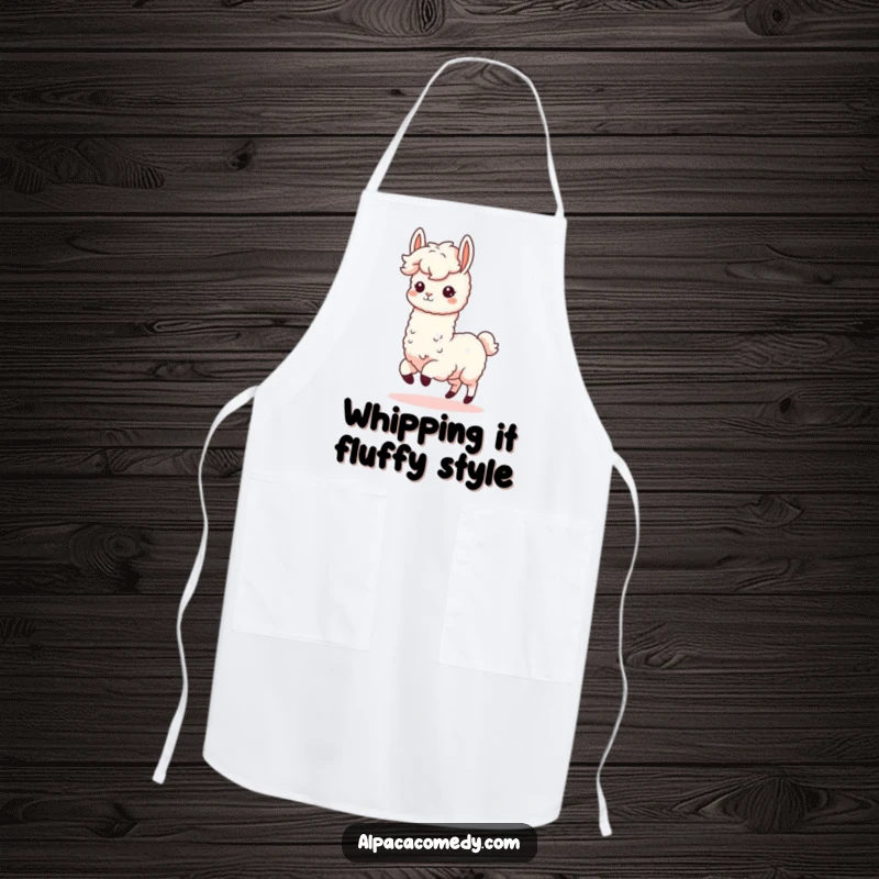 Funny Kawaii Alpaca Apron showing a fluffy-maned alpaca prancing with kitchen enthusiasm, ideal for humorous cooking sessions.