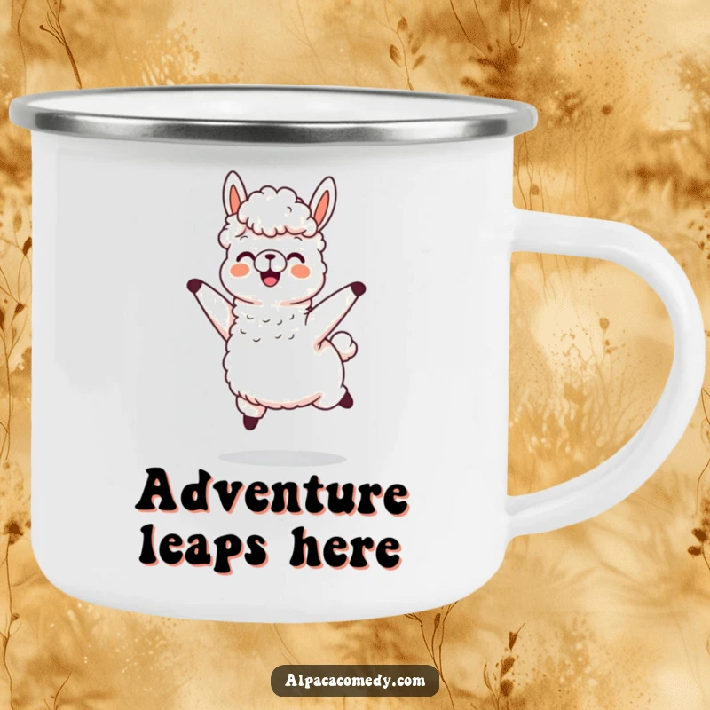Funny camping mug featuring an alpaca character jumping with joy, its wool flying dynamically, perfect for outdoor beverages.