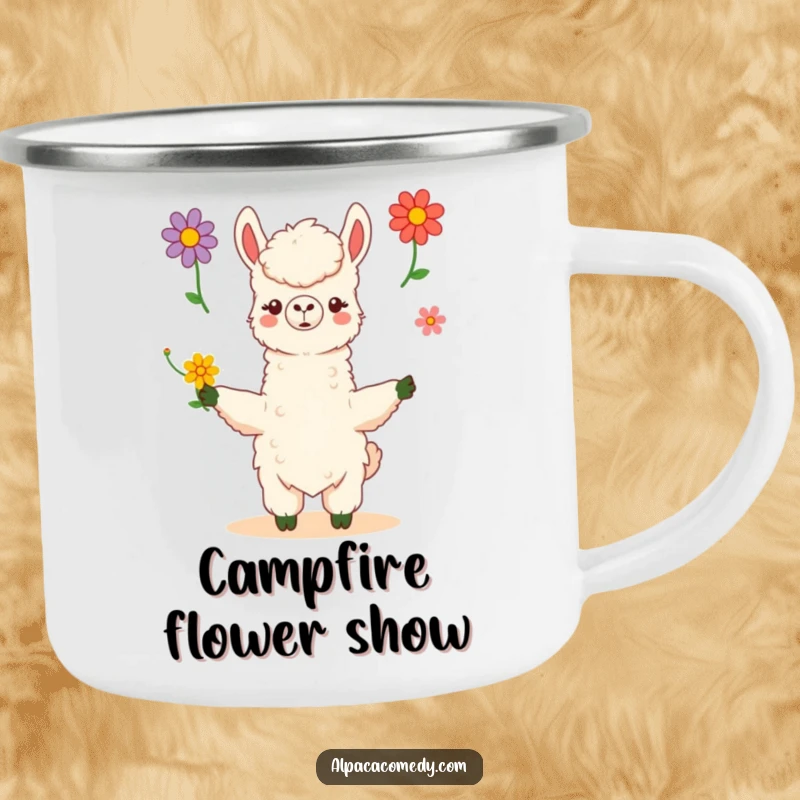 Funny kawaii alpaca skillfully juggles three vibrant flowers with poise and grace, perfect for this rugged and humorous camping mug.
