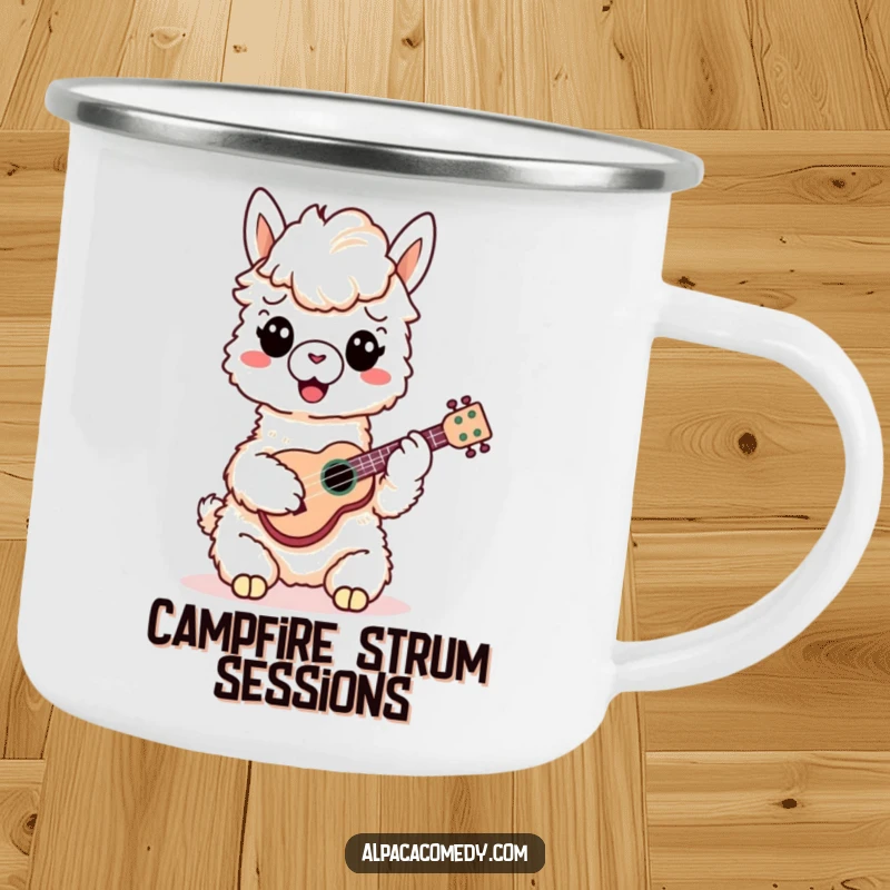 Funny Alpaca Camping Mug: A cheerful alpaca plays a ukulele around a campfire, perfect for outdoor adventures and cozy melodies.