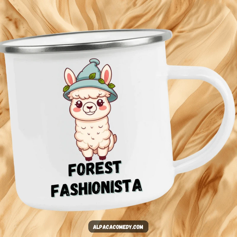 Funny kawaii alpaca wearing a tiny hat adorned with green leaves, perfect for this rugged and humorous camping mug.