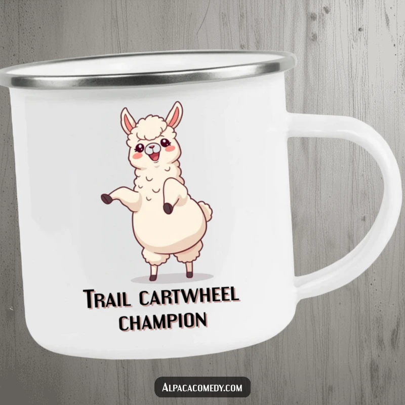 Funny Alpaca Camping Mug: A cheerful alpaca doing a cartwheel with legs kicking joyfully upwards, perfect for sipping brews outdoors.