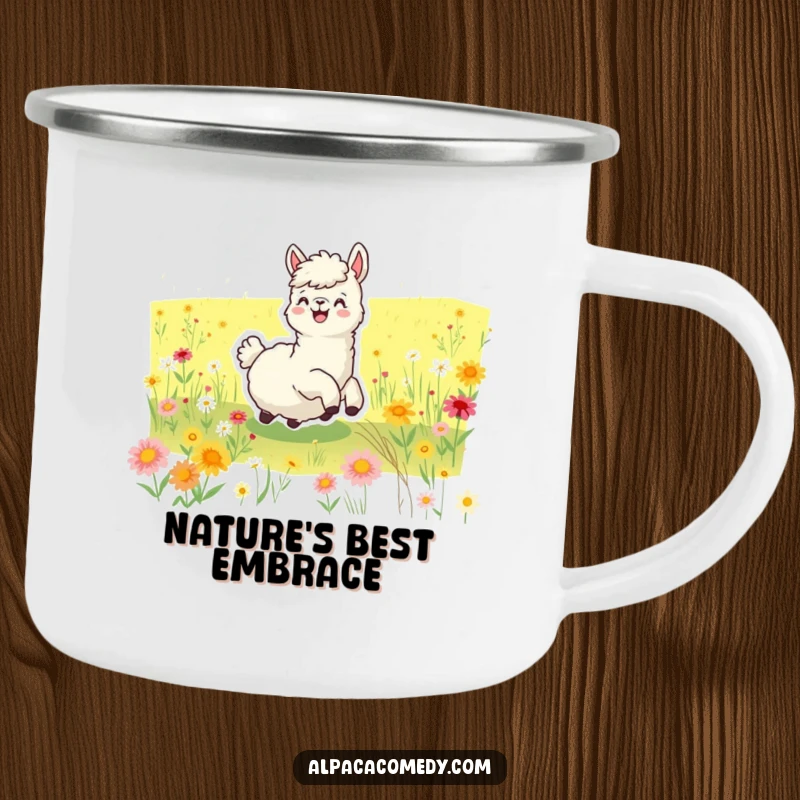 Funny camping mug featuring a joyful alpaca rolling happily in a vibrant wildflower field, ideal for outdoor adventures and cheerful mornings.