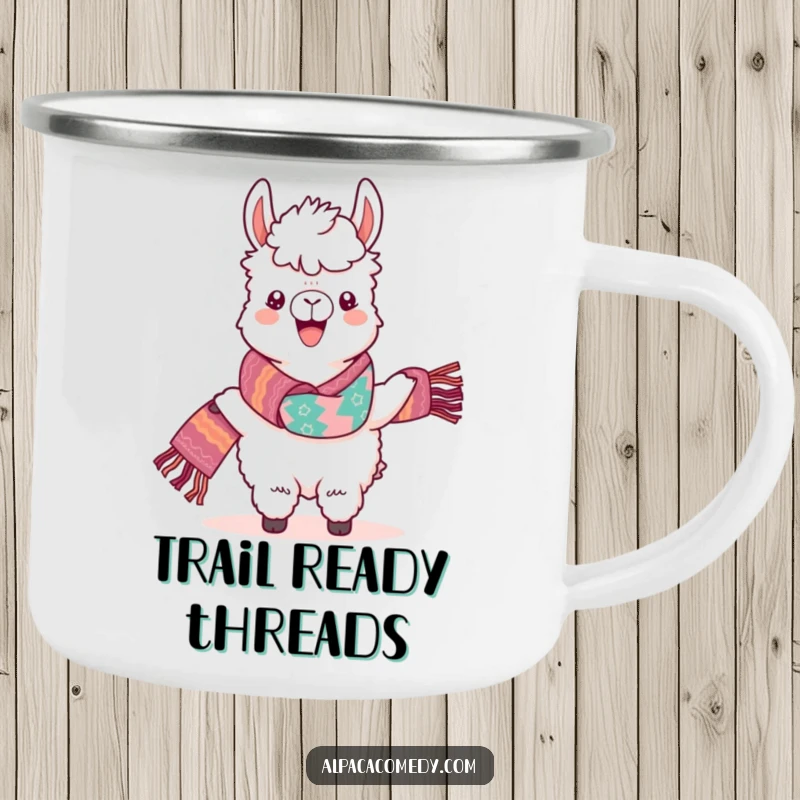 Funny Kawaii Alpaca Camping Mug, depicting a joyous alpaca proudly wearing a colorful scarf in an outdoor setting.