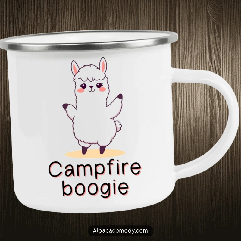 Funny kawaii alpaca performing a silly, swaying dance with joyful energy, perfect for this rugged and humorous camping mug.