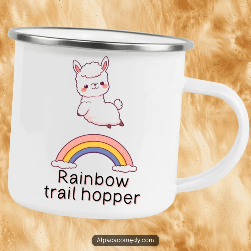 Funny Kawaii Alpaca Camping Mug featuring a joyful alpaca jumping over a rainbow, perfect for humorous and delightful outdoor adventures.