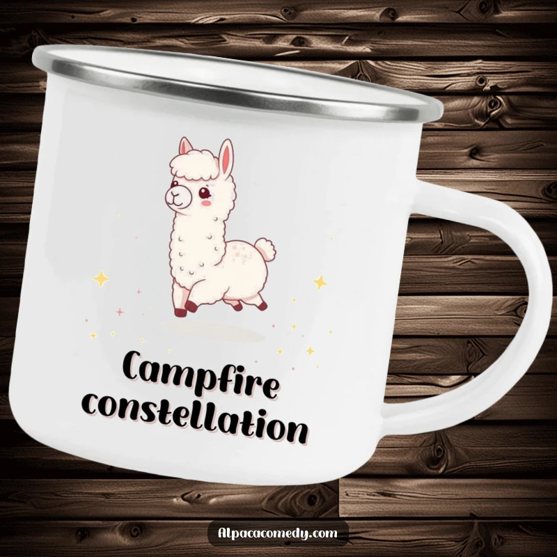 Funny Kawaii Alpaca Camping Mug, showing a cute alpaca happily skipping through a field of sparkling, tiny stars.