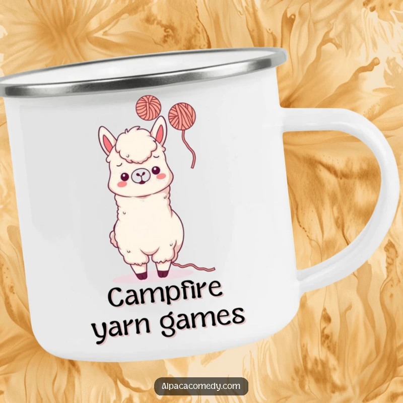 Funny Kawaii Alpaca Camping Mug featuring a playful alpaca tossing yarn, perfect for humorous and delightful outdoor adventures.