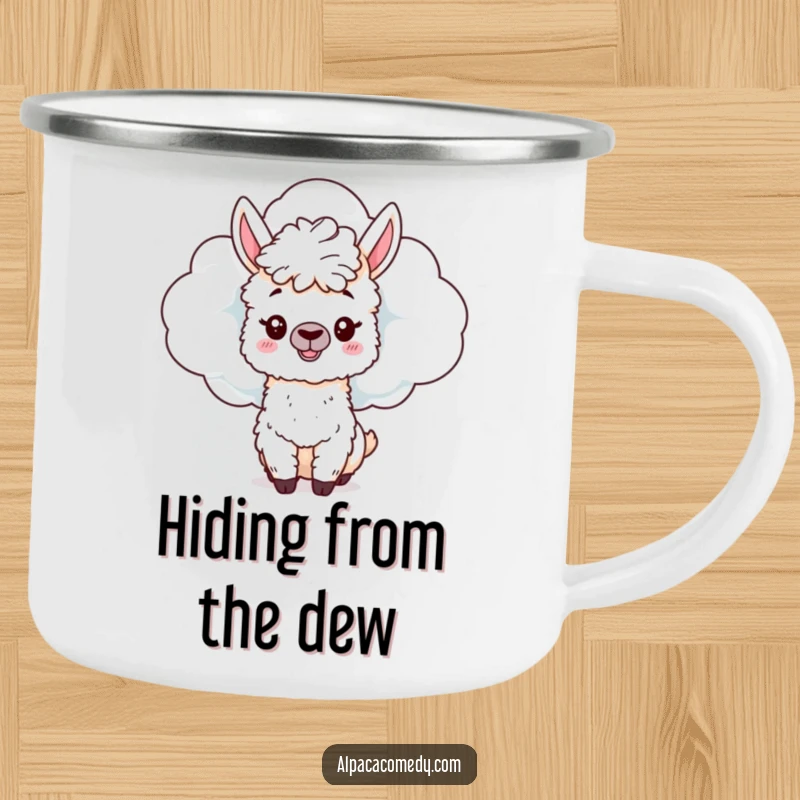 Funny Alpaca Camping Mug: A mischievous alpaca hides behind a fluffy cloud, peeking out playfully, ideal for outdoor fun.