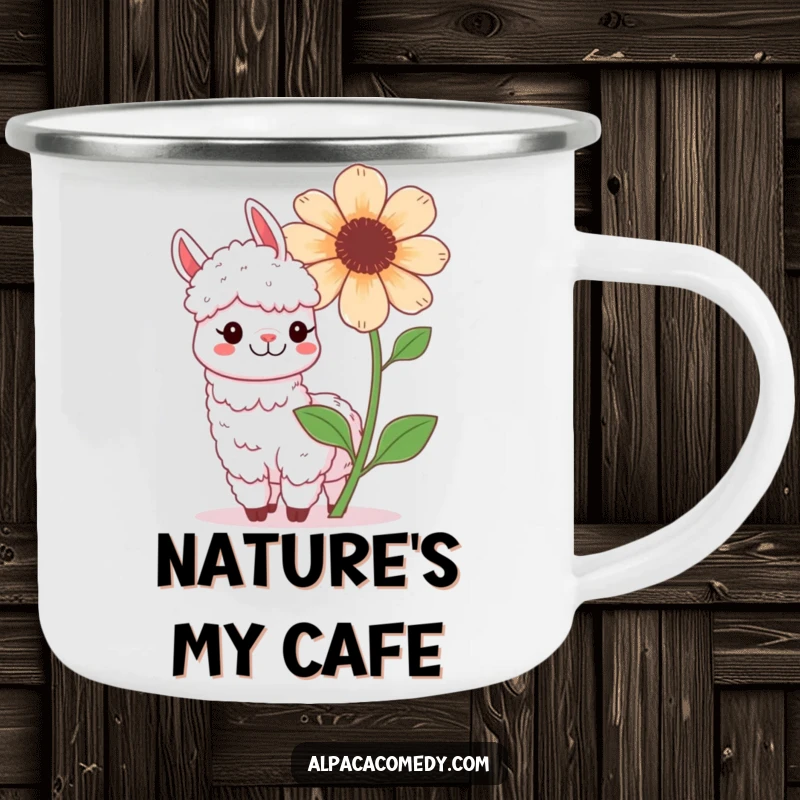 Funny Kawaii Alpaca Camping Mug, showing a cute alpaca playfully posing with a large blooming flower, beaming.