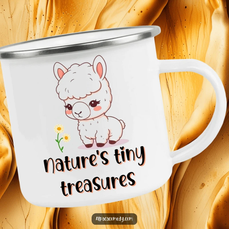 Funny kawaii alpaca with a magnifying glass curiously inspects a tiny daisy, perfect for this rugged and humorous camping mug.