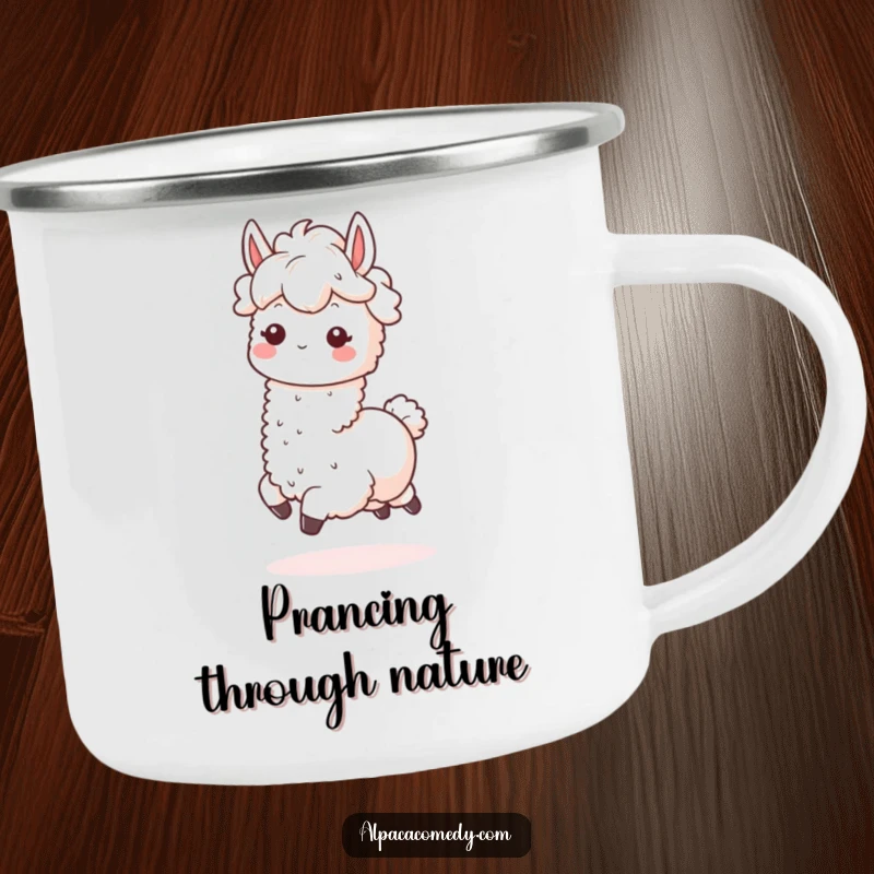 Funny Kawaii Alpaca Camping Mug featuring a fluffy-maned alpaca prancing merrily, built for rugged outdoor use.