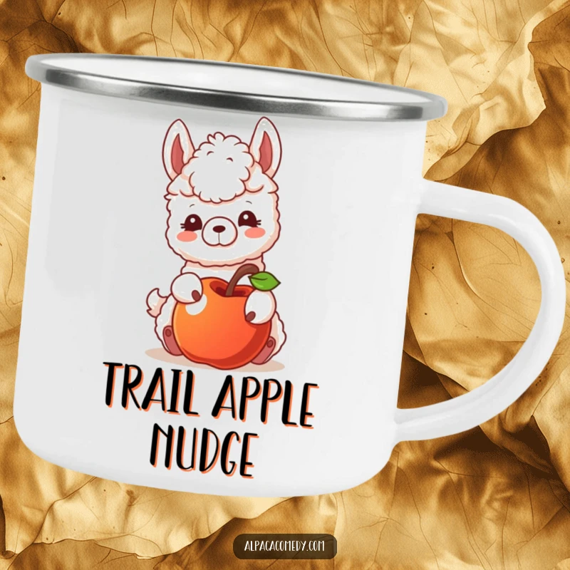 Funny camping mug featuring an alpaca character playfully nudging a rolling apple, perfect for curious explorers on the go.