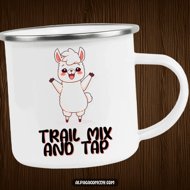 Funny camping mug featuring a happy alpaca character dancing energetically, fluffy mane in the wind, perfect for outdoor enthusiasts.