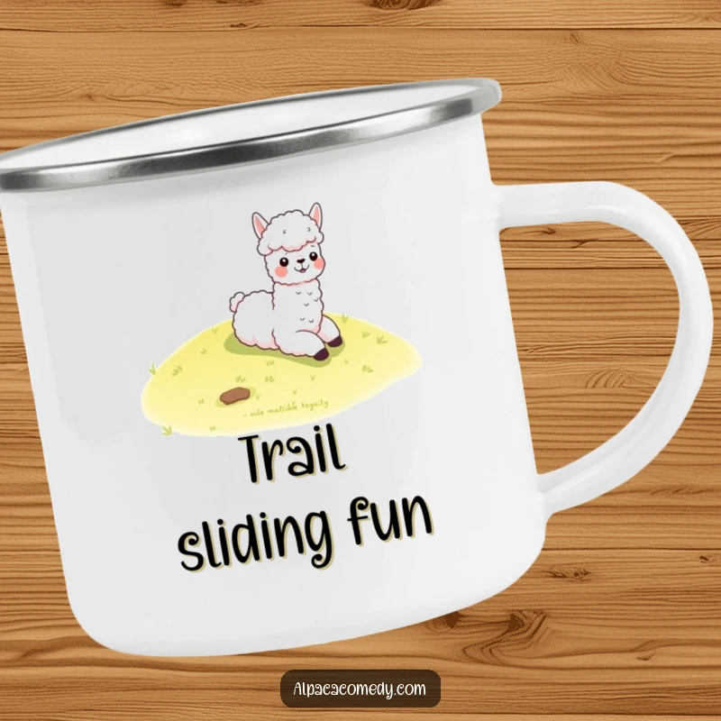 Funny kawaii alpaca joyfully slides down a gentle grassy hill, perfect for this rugged and humorous camping mug.