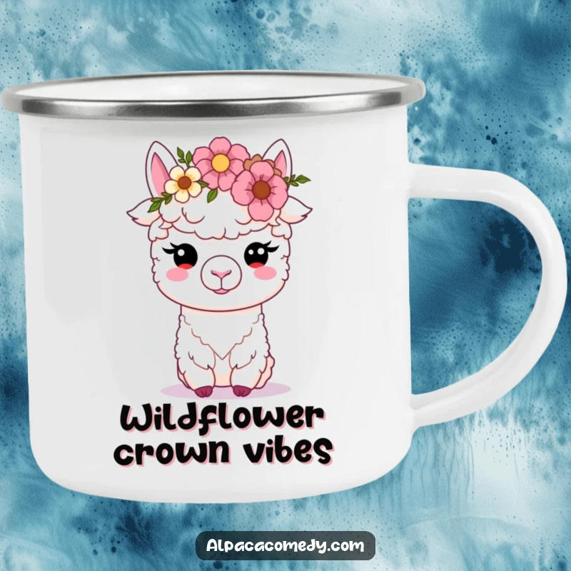 Funny Kawaii alpaca camping mug, adorned with a flower crown, soft eyes looking serene, ready for outdoor enjoyment and warm beverages.