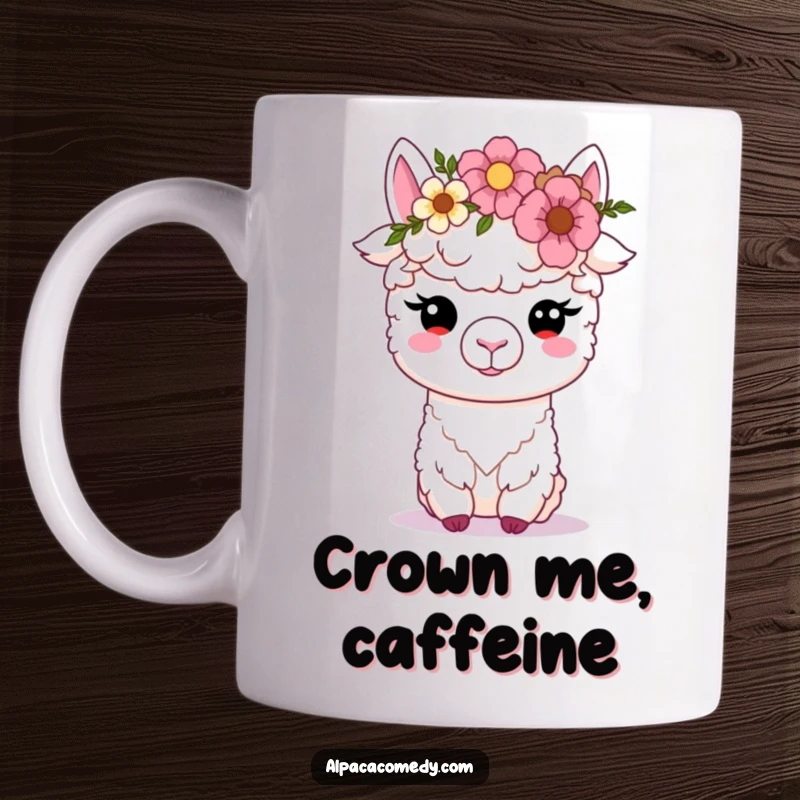 Funny Kawaii alpaca mug, happily balancing a delicate flower crown on its head, soft eyes conveying serenity and charm.