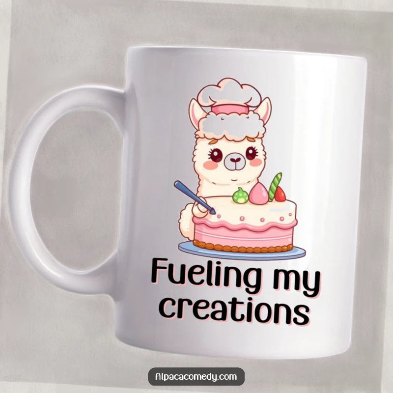 Funny mug depicting a cute alpaca in a chef hat meticulously decorating a beautiful pastel cake with swirls of frosting and sprinkles.