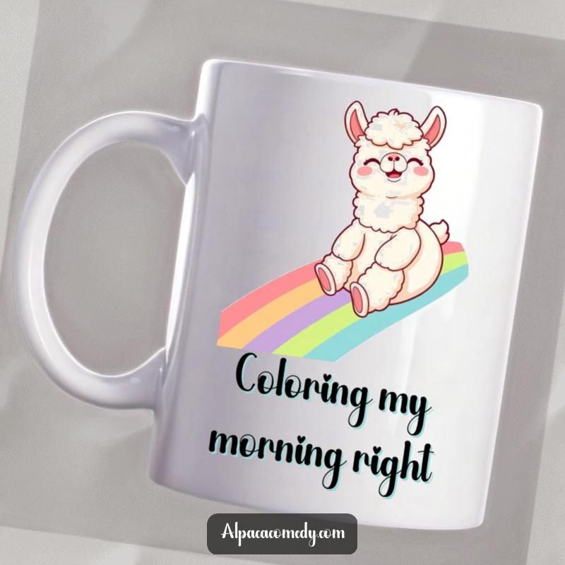 Funny Alpaca Mug: A giggling alpaca joyfully slides down a vibrant rainbow with an excited expression, spreading happiness.