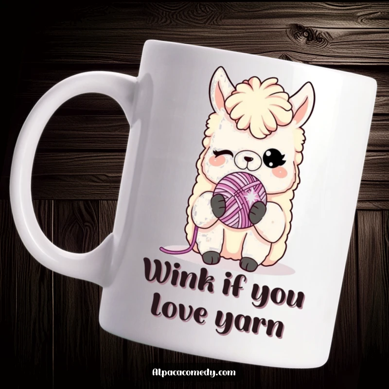 Funny mug: A mischievous alpaca character winks playfully while holding a tiny, sparkling ball of yarn, exuding charm.