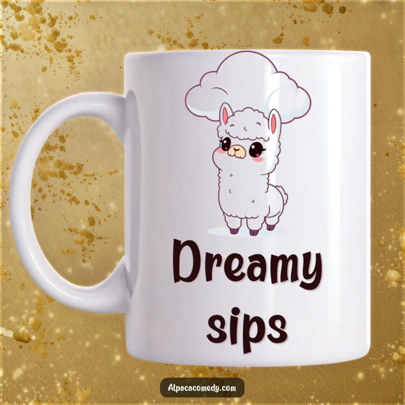 Funny mug featuring a wide-eyed alpaca looking up with curiosity at a soft, fluffy cloud floating gently in a blue sky.
