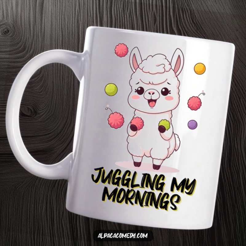 Funny mug featuring a giggling alpaca character expertly juggling small, colorful pompoms with its front hooves, radiating pure amusement.